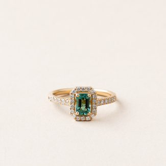 Bague Art déco rectangle- or jaune - tourmaline 6 x 4 mm et diamants