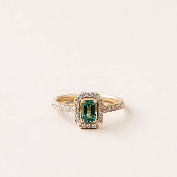 Bague Art déco rectangle- or jaune - tourmaline 6 x 4 mm et diamants