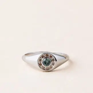 Chevalière diamant brun saphir teal or gris