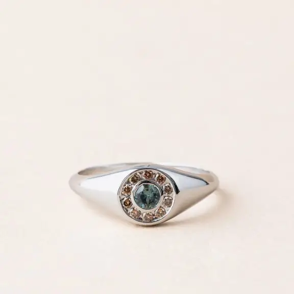 Chevalière diamant brun saphir teal or gris
