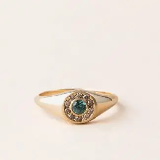 Chevalière diamant brun saphir teal or jaune