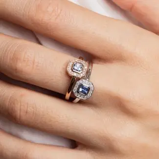 Bague art déco saphir diamant or blanc et or rose portée