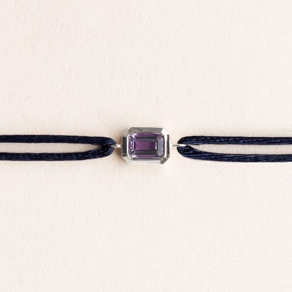 Bracelet cordon homme et femme Ory - Améthyste - Or blanc 750 millièmes ou Platine 950 millièmes recyclé - bracelet moyen modèle cordon bleu marine