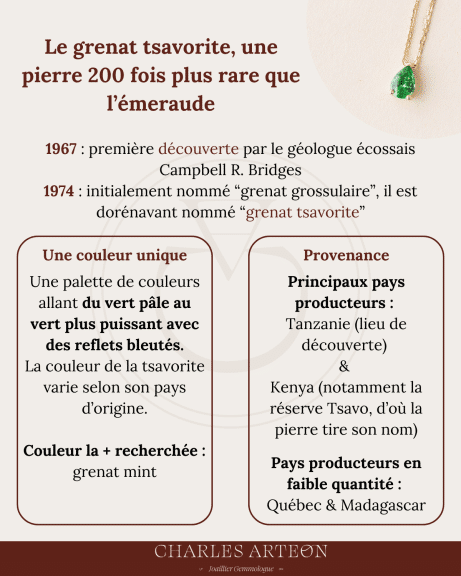 Une infographie qui présente le grenat tsavorite, une pierre 200 fois plus rare que l’émeraude