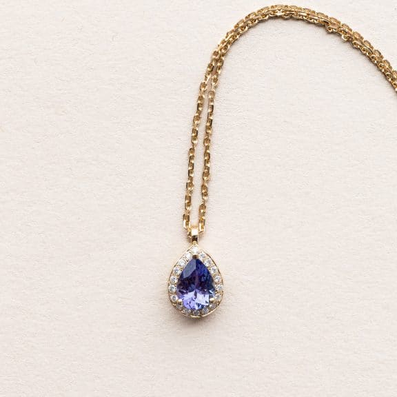 Collier tanzanite entourage - Eugénie poire - or jaune - tanzanite et diamants