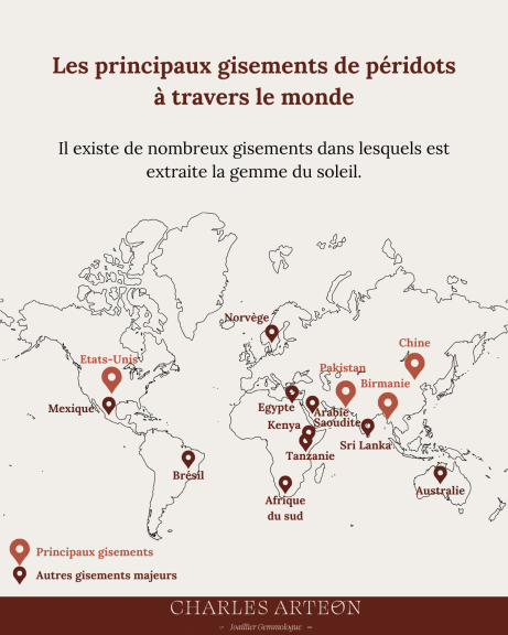 Carte avec les principaux gisements - pays producteurs de péridot dans le monde