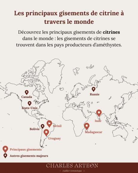 Gisements de citrine pierre fine dans le monde - cartographie réalisée par Charles Arteon Joaillerie